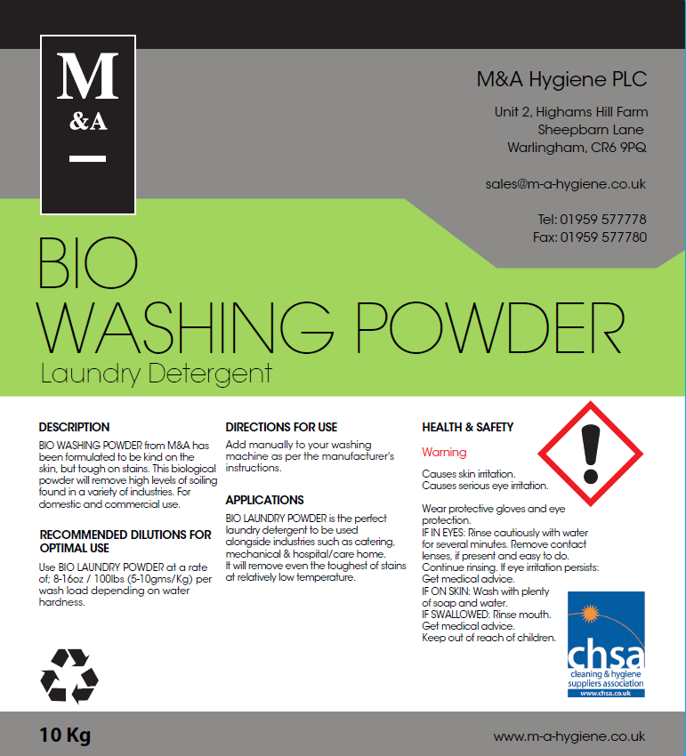 M&A BIO LAUNDRY POWDER 10KG | Mustang Hygiene